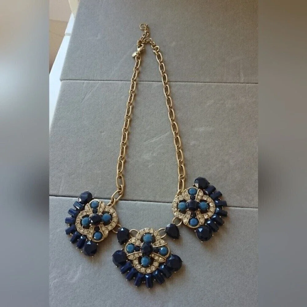 J. Crew Chunky Statement Gold Tone Blue & Clear Rhinestones Necklace